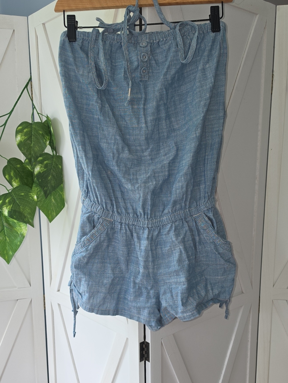 Hollister Light Blue Chambray Strapless Romper